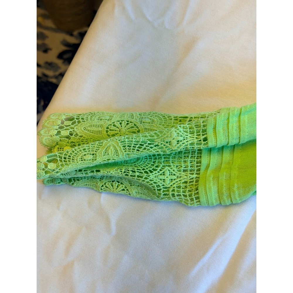 Chicos Lime Green Cotton Lace Trim Blouse Pintuck 3/4 Sleeve Top Size 2 L Large - Picture 7 of 7